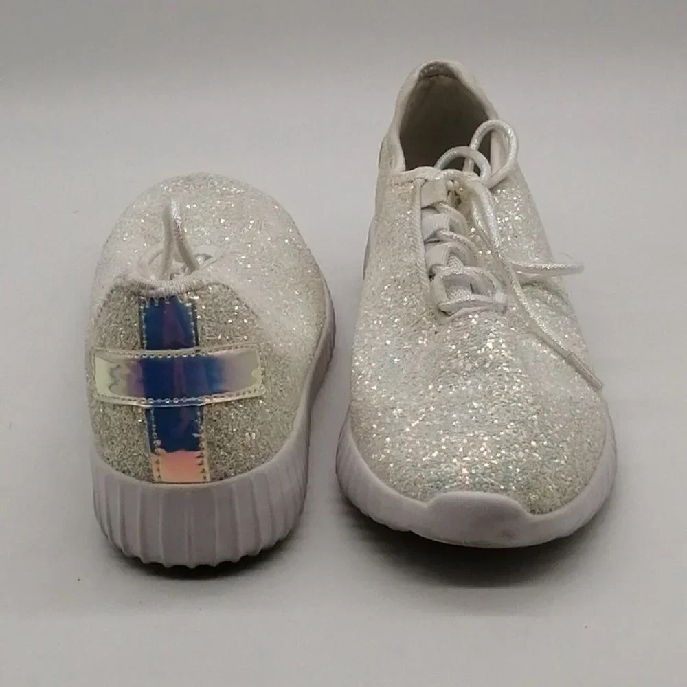 Womens Flat Heel Lace Up Low Top‎ Sneaker Cushioned Insole White Glitter Sz 8